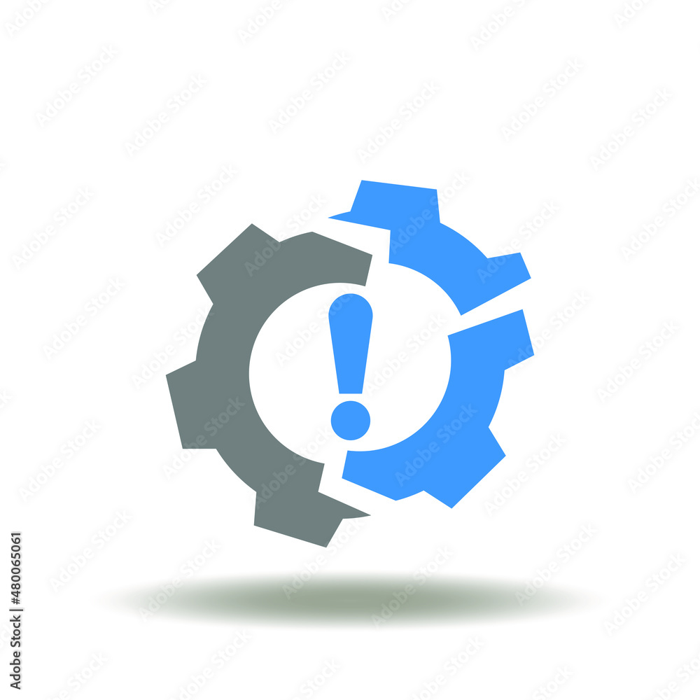 Vector illustration of gear broken with exclamation mark. Icon of inefficiency. Symbol of system crashed. Vector illustration of gear broken with exclamation mark. Icon of inefficiency. Symbol of system crashed.
