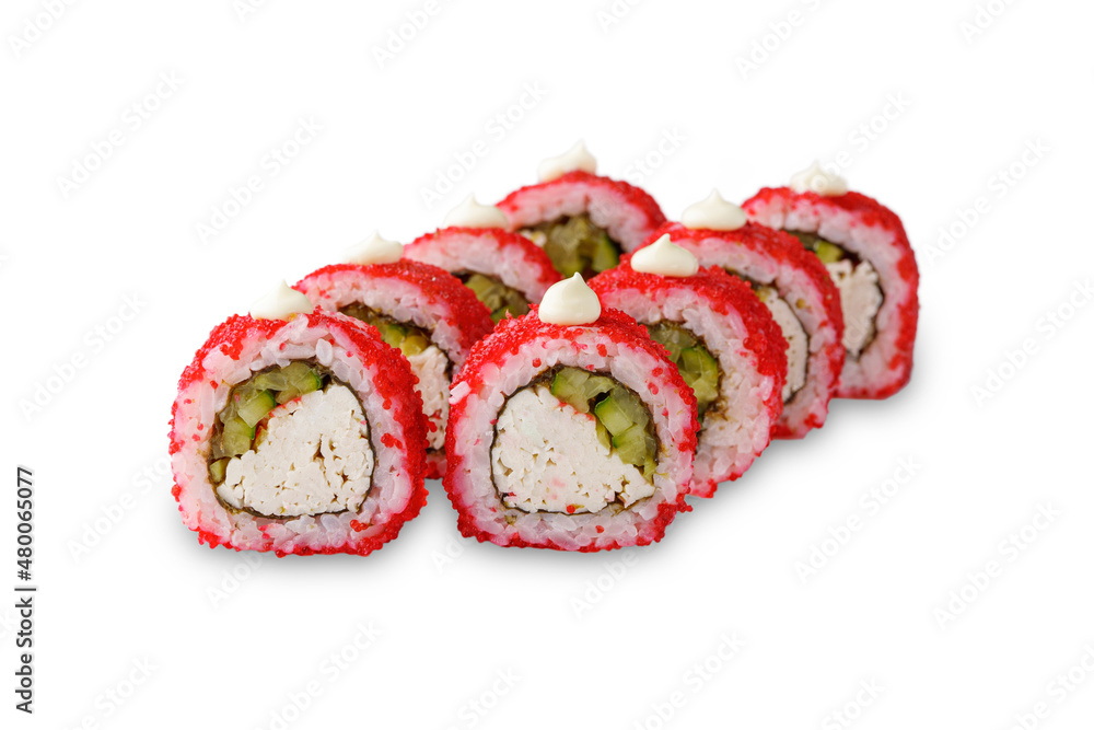 Sushi roll with crab, cucumber, tobiko caviar and mayonnaise. Isolated on white background Sushi roll with crab, cucumber, tobiko caviar and mayonnaise. Isolated on white background