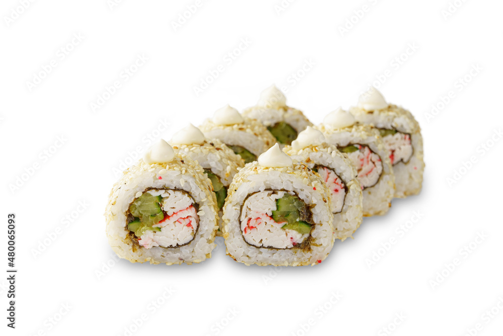 Sushi roll with crab, cucumber, sesame seeds and mayonnaise. Isolated on white background Sushi roll with crab, cucumber, sesame seeds and mayonnaise. Isolated on white background