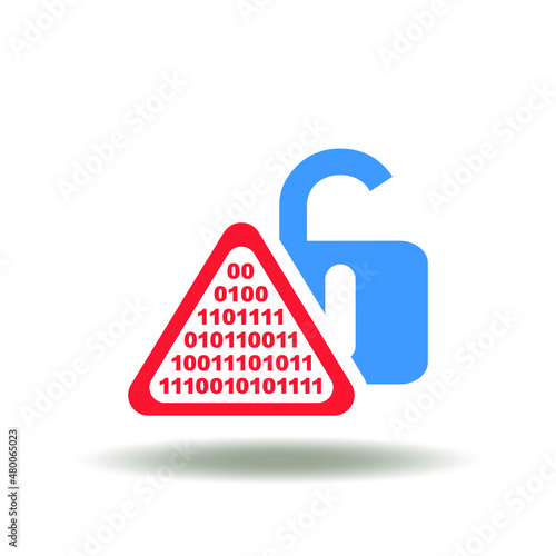 Vector illustration of attention sign with digital numbers 1 0 and open lock. Icon of hacked data. Symbol of warning hacker attack.
