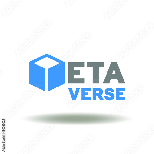 Vector illustration of metaverse text with 3d cube sign. Icon of meta universe. Symbol of VR technology.