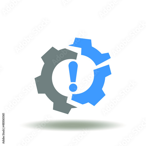 Vector illustration of gear broken with exclamation mark. Icon of inefficiency. Symbol of system crashed. photo