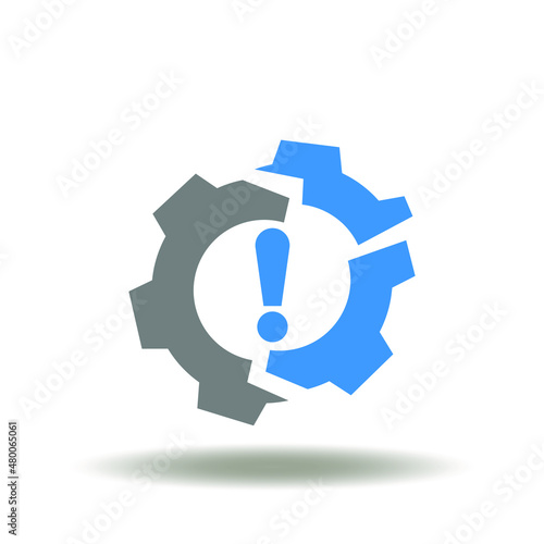 Vector illustration of gear broken with exclamation mark. Icon of inefficiency. Symbol of system crashed.