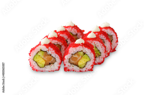 Sushi roll with salmon, avocado, tobiko caviar and mayonnaise. Isolated on white background