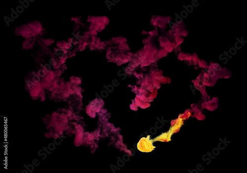 Fiery explosion in the shape of a heart, 3D render. Abstract flame shape in the form of a heart, on a black background