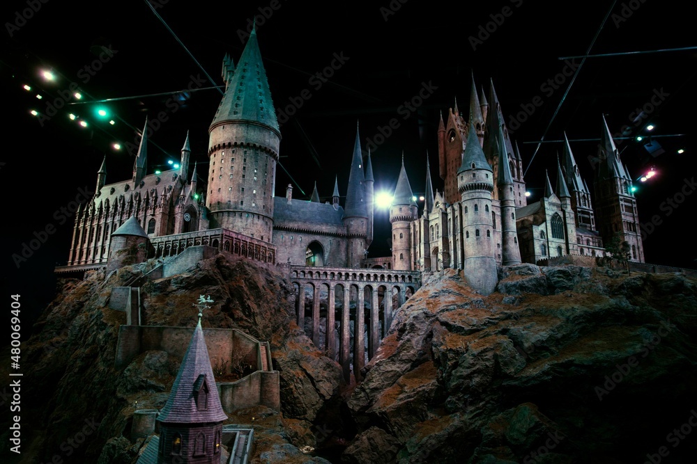 Fototapeta premium London, England – July 21, 2016: The Hogwarts Castle at The Making of Harry Potter at Warner Bros. Studio Tour London, A behind-the-scenes walking tour of Harry Potter movies.