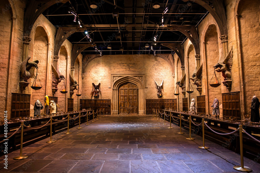 Fototapeta premium London, England – July 21, 2016: The Great hall at The Making of Harry Potter at Warner Bros. Studio Tour London, A behind-the-scenes walking tour of Harry Potter movies.