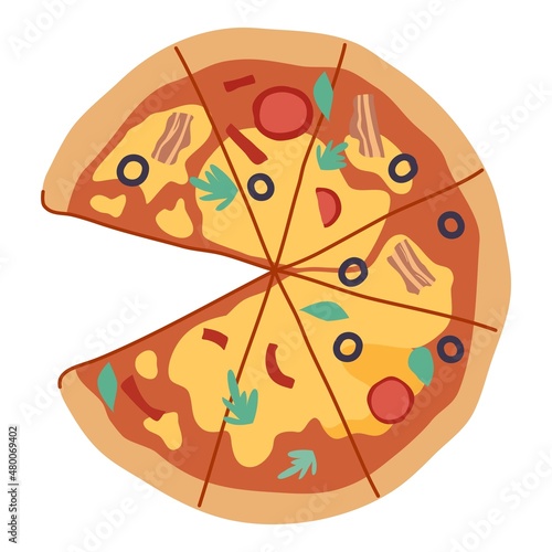Pizza falling down with different things. Pizza fly, isolated Pizza fall, vector concept