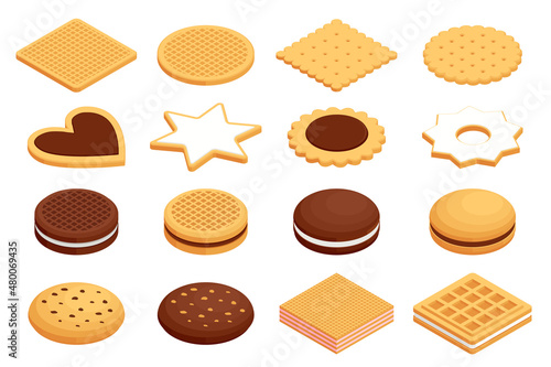 Isometric different cookies on white background. Tasty cookies, Oatmeal cookies and Chocolate sandwich cookies