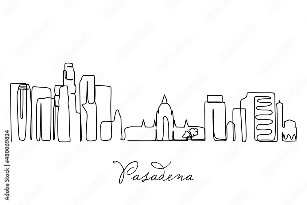 Single continuous line drawing of Pasadena skyline, California. Famous city scraper landscape. World travel home wall decor art poster print concept. Modern one line draw design vector illustration