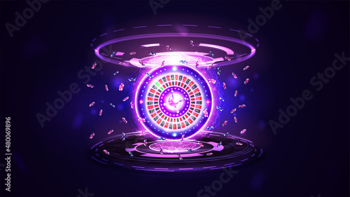Pink shine neon Casino Roulette wheel with poker chips and hologram of digital rings in dark empty scene