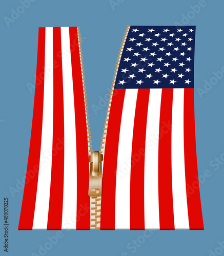 A United States of America flag has a zipper splitting the flag into two sections. This is a metaphor for the split in political ideas currently in the USA. This is a 3-d illustration. photo