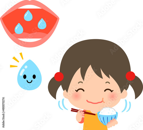 唾液のキャラクターとご飯をよく噛む女の子