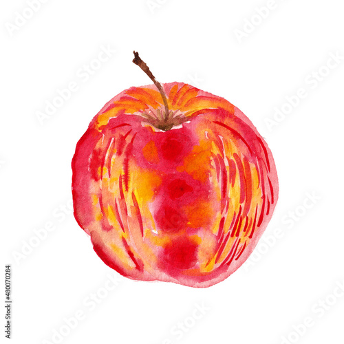 red whole apple  side view  with yellow streaks on a red background