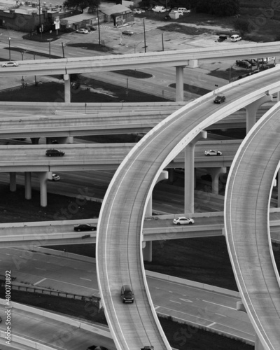 Black and white photo of freeways in Dallas Texas