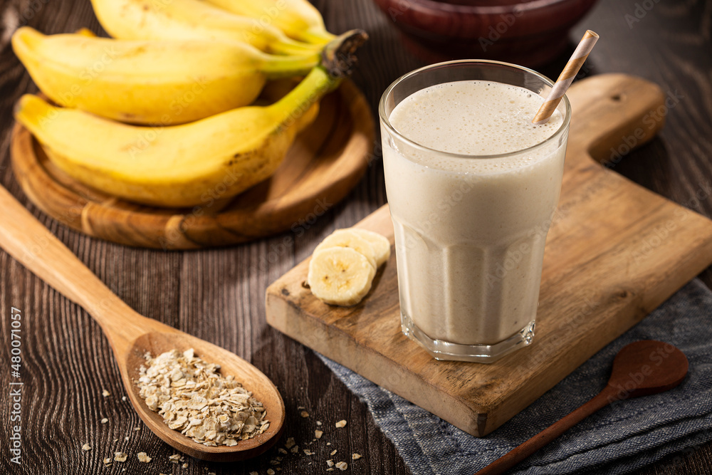 Banana smoothie with milk, banana and oatmeal. Banana smoothie with milk, banana and oatmeal.