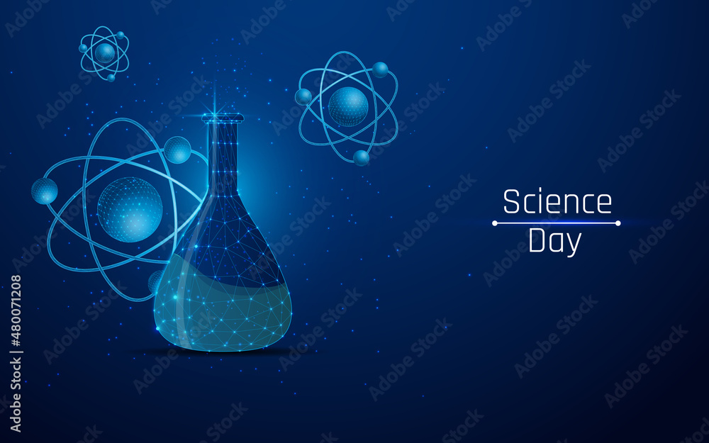 national science day and flask and molecule image in wireframe style 