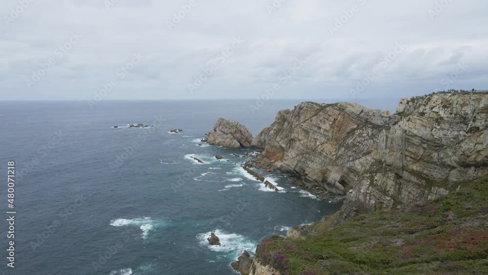 Aerial view of Asturias coastline. Drone shot of sea, cliff, rocks and the Atlantic ocean in Spain. Aerial view of Asturias coastline. Drone shot of sea, cliff, rocks and the Atlantic ocean in Spain.