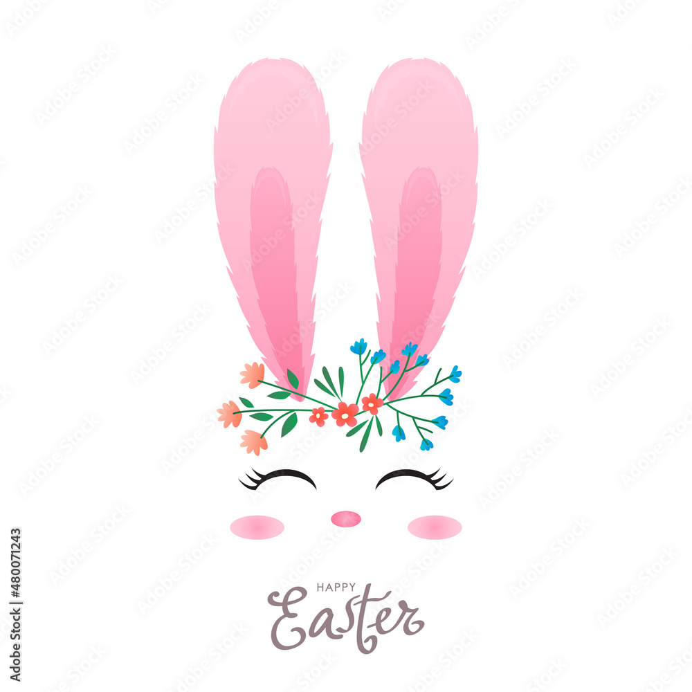 cute face of easter bunny with flowers wreath. Greetings card with hand lettering Happy Easter.