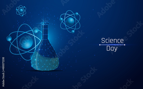 national science day and flask and molecule image in wireframe style 