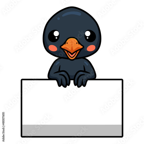 Cute little crow cartoon with blank sign