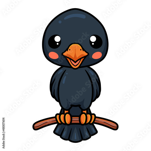 Cute little crow cartoon on tree branch