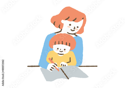 子どもを膝に乗せて描いている母_色