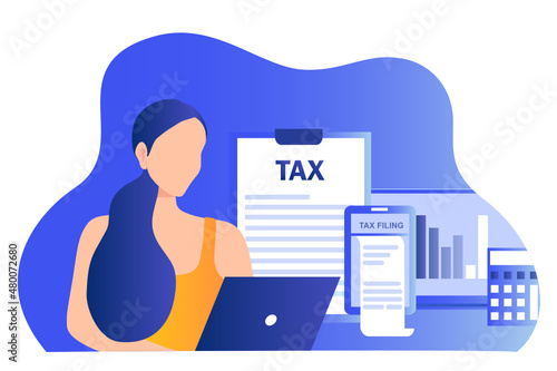 Online tax filing concept, accountant filling tax form documents online vector illustration