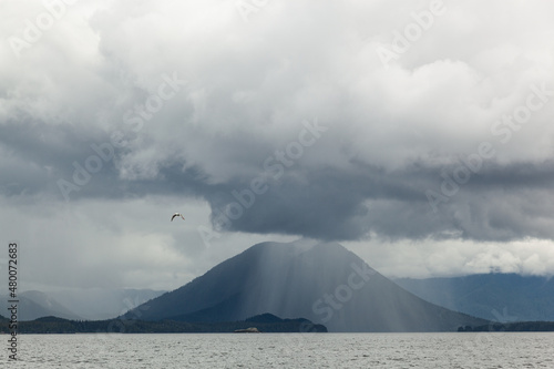 Fotografie, Obraz Rain squall over lone cone mountain, Meares Island, Tofino, Vancouver Island, B