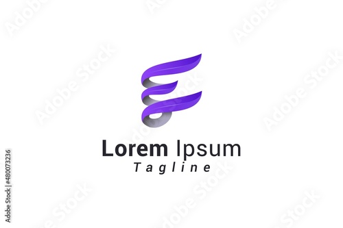 Letter E creative 3d technological purple colour spiral logo