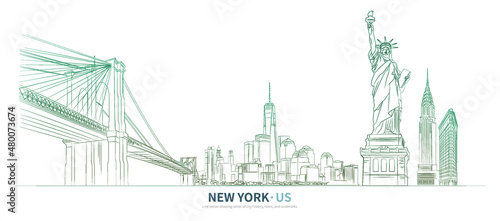 new york cityscape line drawing vector. sketch style United States landmark illustration 