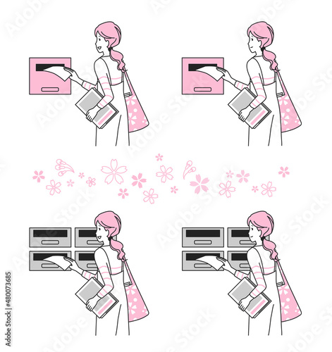 ポスティングをする主婦　春