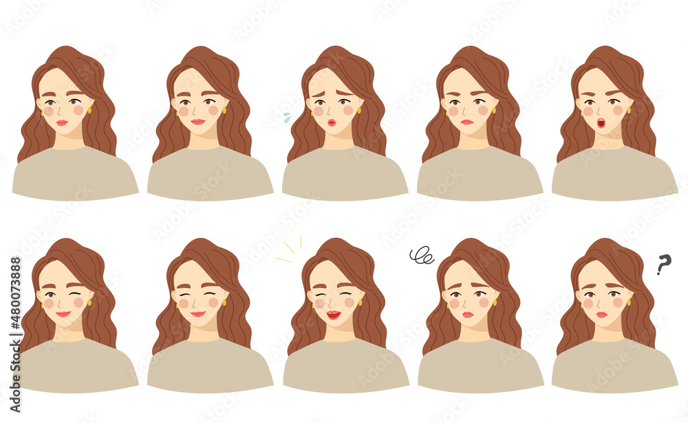 Vector illustration of a woman with long hair. Various facial expression set. Vector illustration of a woman with long hair. Various facial expression set.