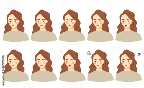 Vector illustration of a woman with long hair.  Various facial expression set.