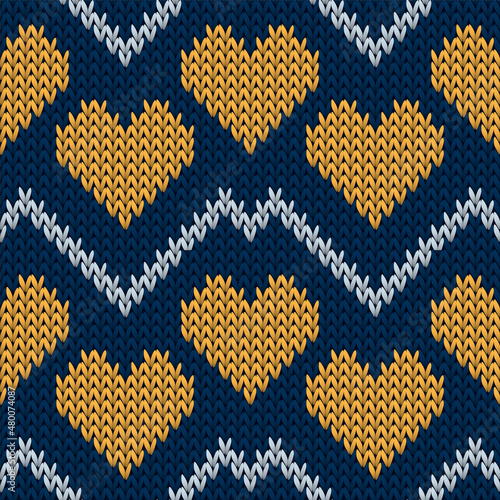 Hygge heart knit scandinavian vector seamless pattern. Knitting imitation valentine