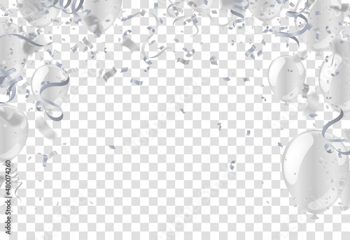 Happy Birthday balloons silver color celebration background with confetti.