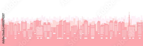 春らしい色の都市風景のイラスト（シルエット）