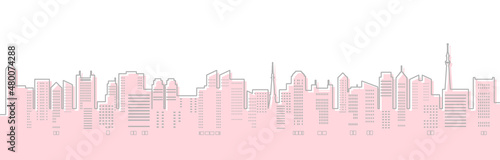 春らしい色の都市風景のイラスト（線画）