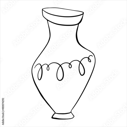 Creative vase in the style of doodles. Design element, interior item, vessel for flowers, water. Black outline. Vector illustration. Element for greeting cards, posters, stickers and seasonal design.