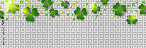 St.Patrick's Day vector banner template. Colorful clover leaves on transparent background
