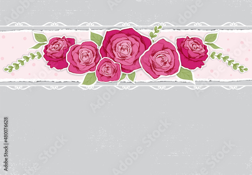 Hand sketched roses and lace in paper layer style 
