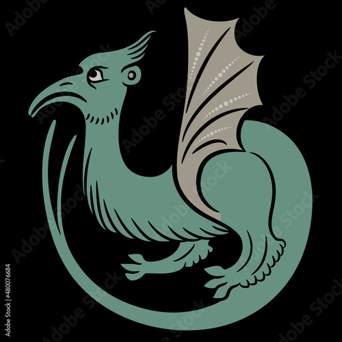 Winged medieval dragon. Illuminated manuscript animal motif. On black background.