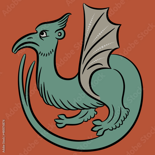 Winged medieval dragon. Illuminated manuscript animal motif. Isolated vector illustration. On orange red background.
