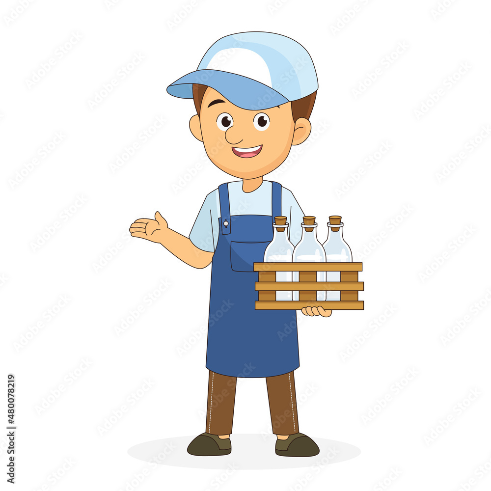 Farmer Holding Bottle of Milk, Farming Man and Cow Farmer Holding Bottle of Milk, Farming Man and Cow