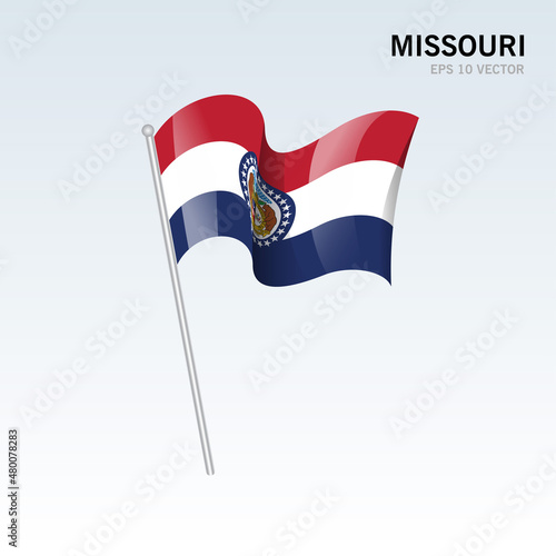 Waving flag of Missouri state of United States of America on gray background
