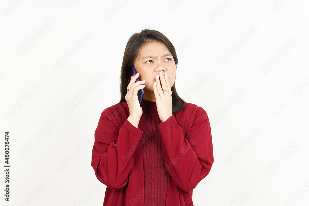 Make a Phone Call Using smartphone with Shocked face Of Beautiful Asian Woman Wearing Red Shirt Make a Phone Call Using smartphone with Shocked face Of Beautiful Asian Woman Wearing Red Shirt