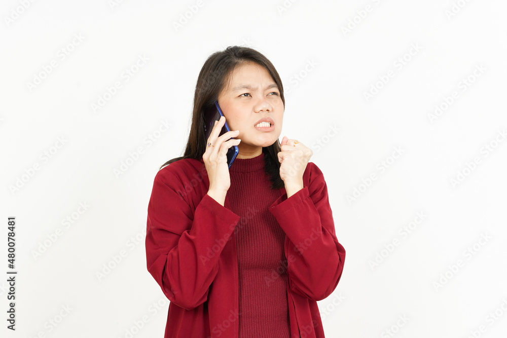 Make a Phone Call Using smartphone with Shocked face Of Beautiful Asian Woman Wearing Red Shirt Make a Phone Call Using smartphone with Shocked face Of Beautiful Asian Woman Wearing Red Shirt