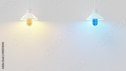 Two color pendant light yellow with blue in front of rough texture white wall. space for put your banner and logo or message. minimal concept, 3D Render.