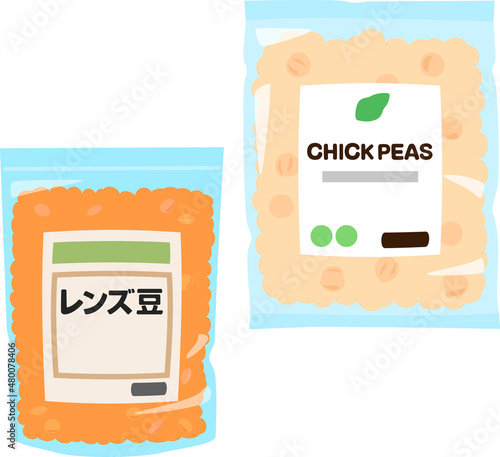 袋入りのひよこ豆とレンズ豆