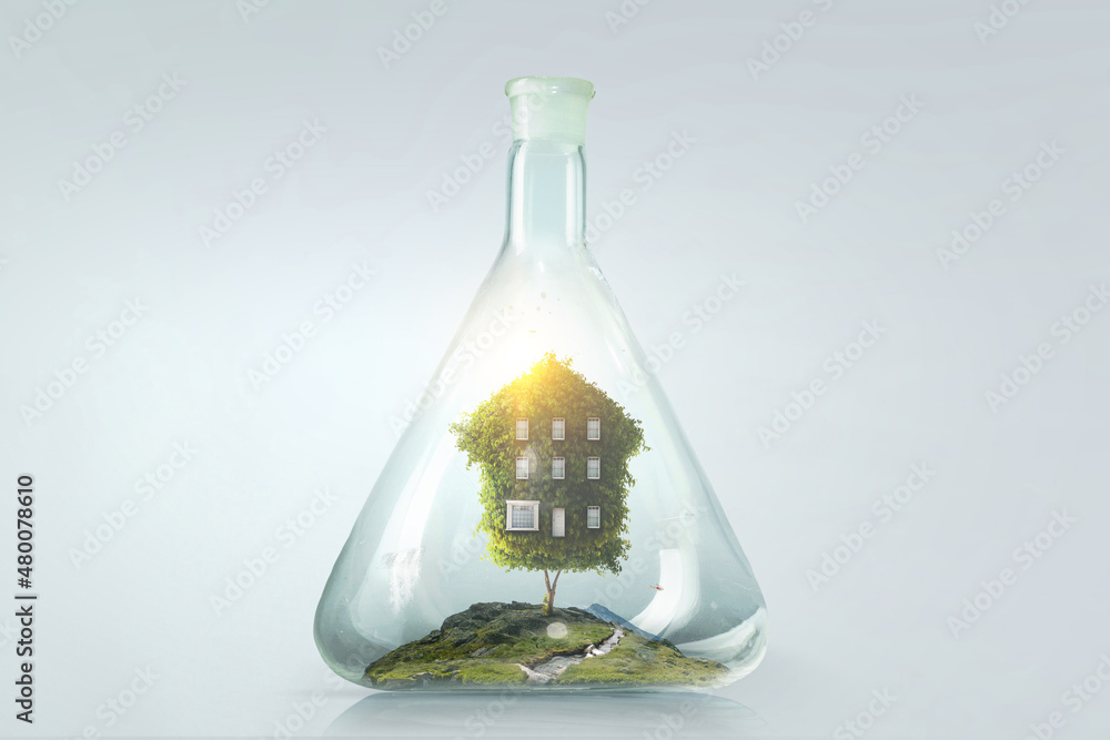 House inside a floating glass bottle House inside a floating glass bottle